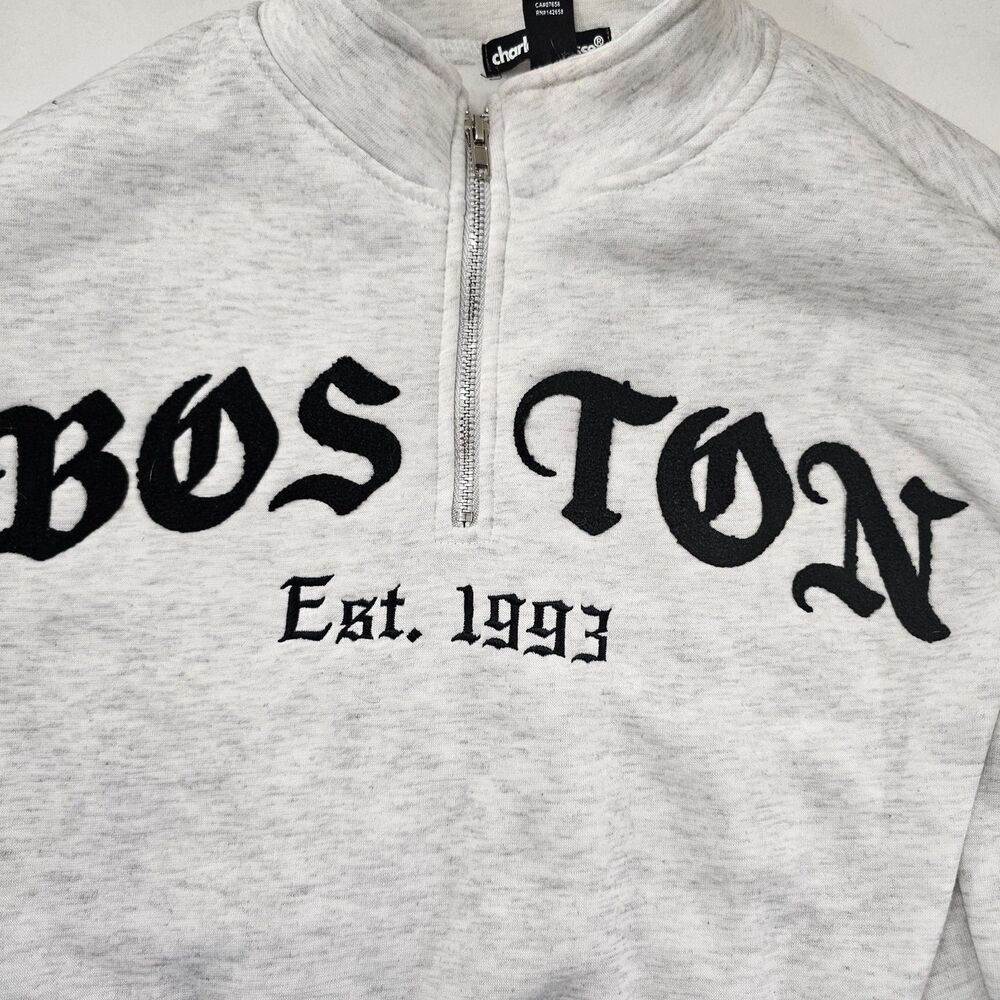 Gray Embroidered Quarter Zip y2k Oversized Boston Fleece Sweatshirt Womens Small